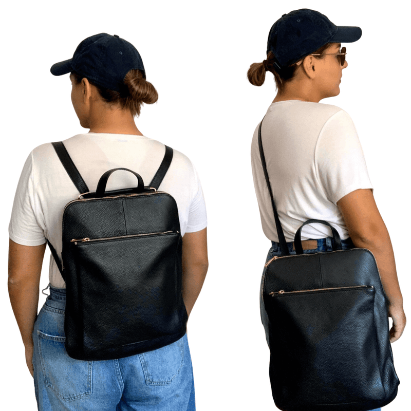 Black leather backpack for women