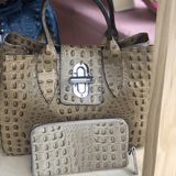Taupe leather tote bag with wallet close up