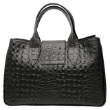 Black leather tote bag back view