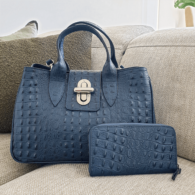 Navy leather tote shop