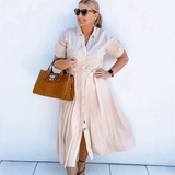 Tan leather tote bag on model