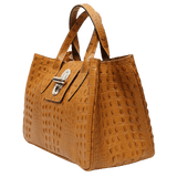 Tan leather tote bag side view 