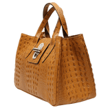 Tan leather tote bag side view