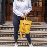 Mustard Leather Backpack back view on model