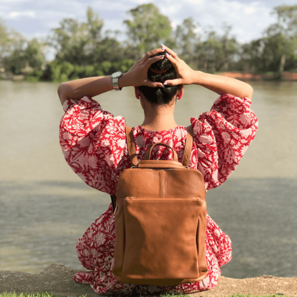 Convertible leather backpack in tan