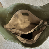 Inside of olive green everyday Italian leather shoulder bag 