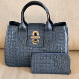 Italian leather handbags in navy blue with matching wallet