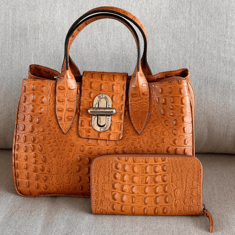 Italian leather handbags in tan with matching wallet