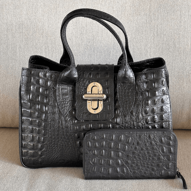 Italian leather handbags in black with matching wallet