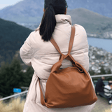 Leather convertible handbag backpack tan