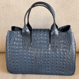 Navy blue leather tote bag back view