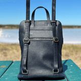 Navy blue leather backpack back