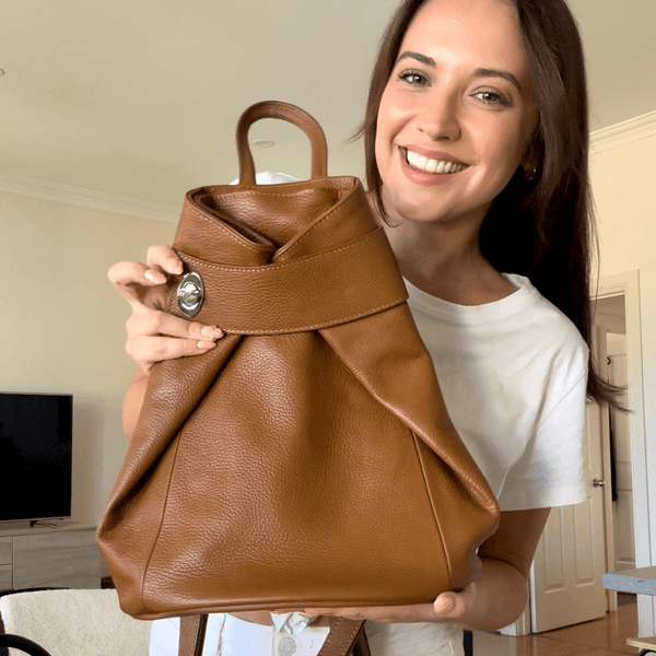 Tan Leather Backpack Womens worn by model