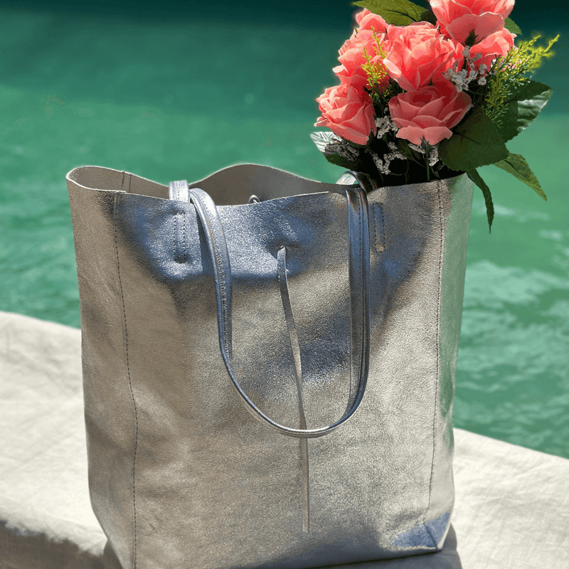 Womens Leather Tote Bag Silver