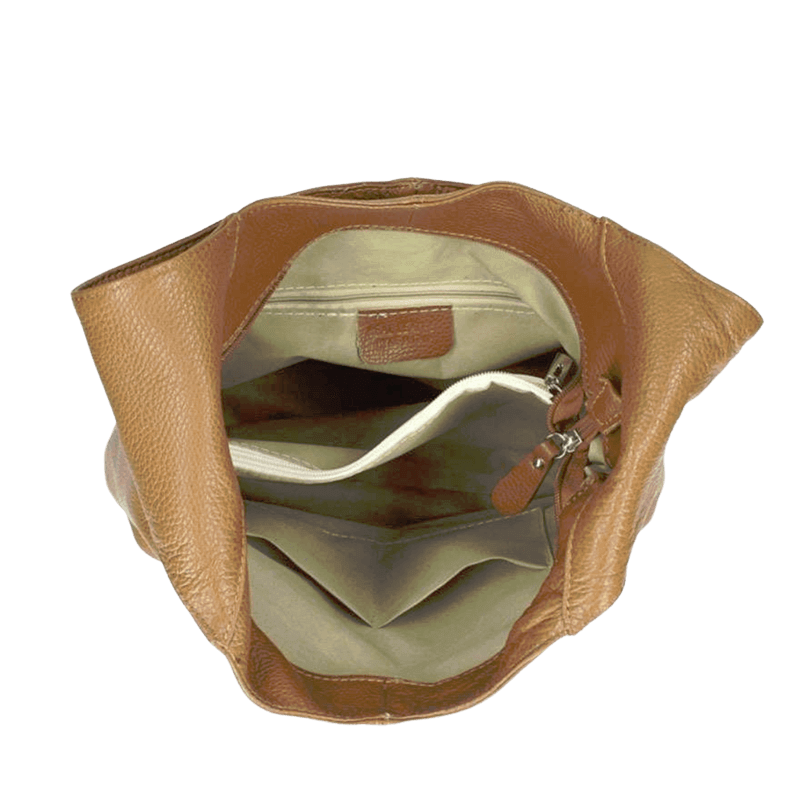 Tan leather shoulder bag details 