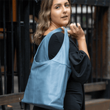 Soft Blue leather shoulder bag on model