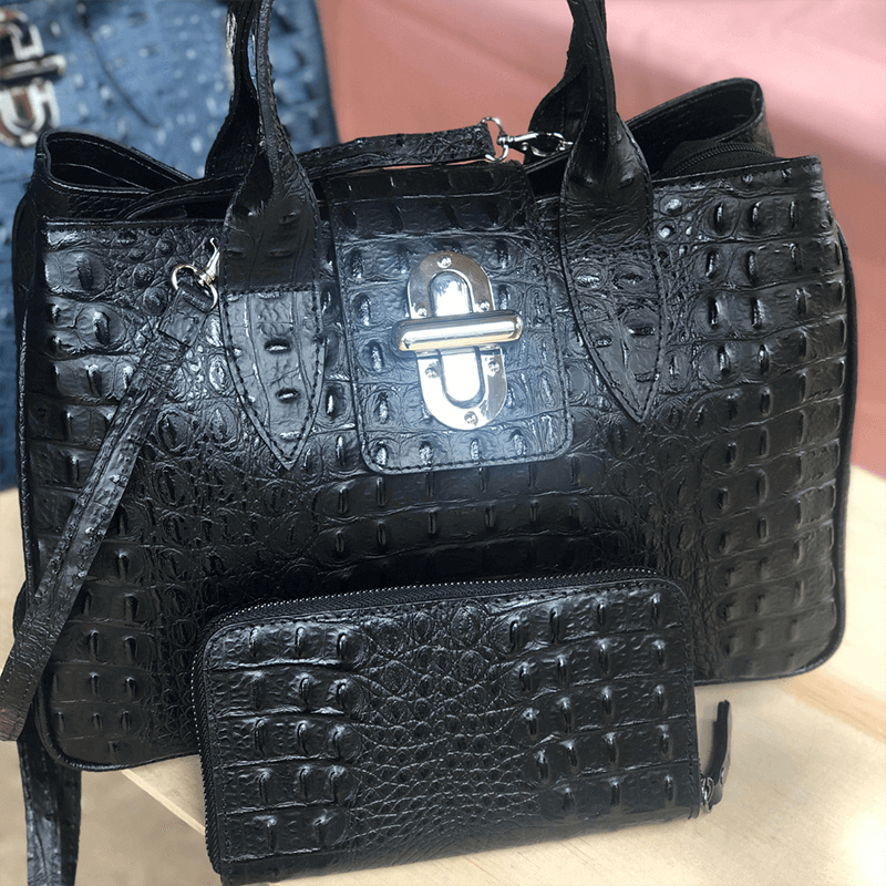 Black leather tote bag with wallet 