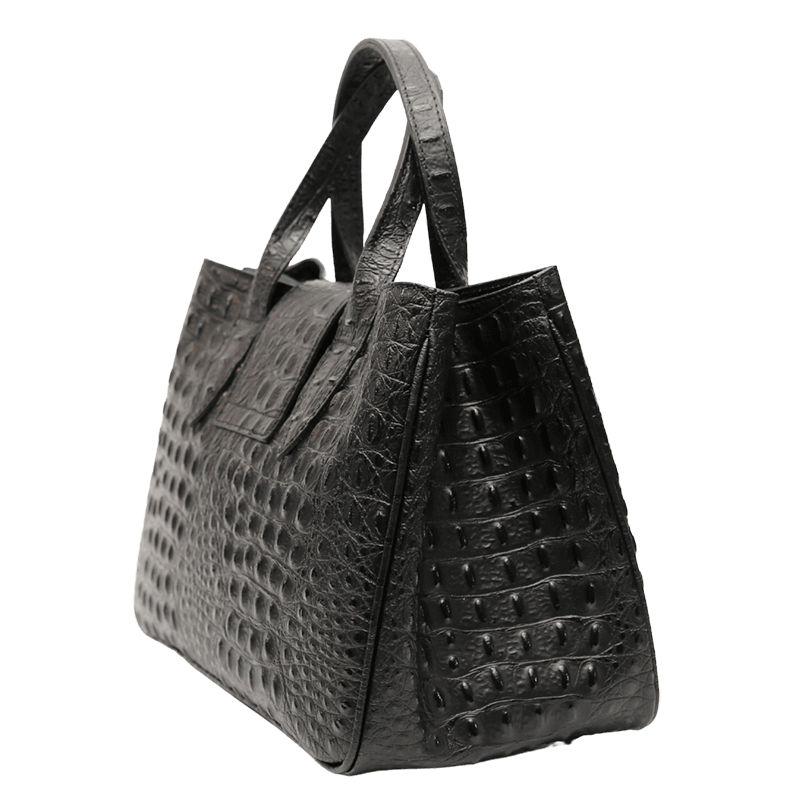 Black leather tote bag side view 