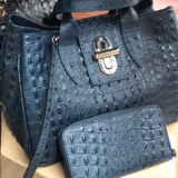 Navy Blue leather tote bag with wallet close up 