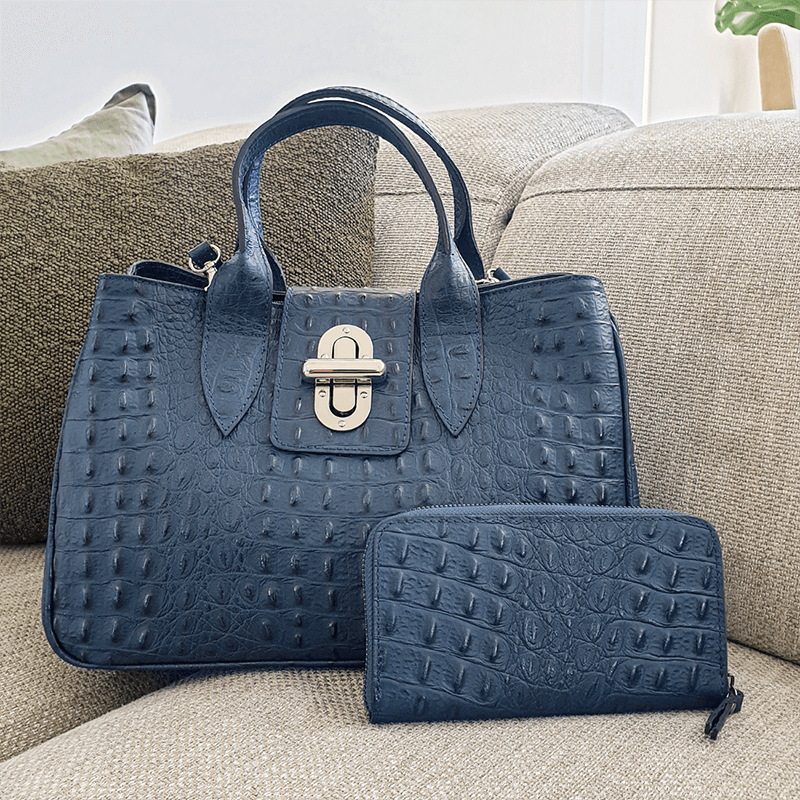 Navy Blue leather tote bag