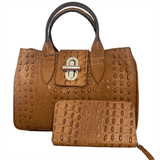 Tan leather tote bag with matching wallet