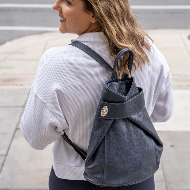 Navy Blue Leather Backpack