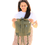 Olive Green Leather Backpack in use by model