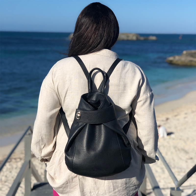 Black Leather Backpack Womens worn by model